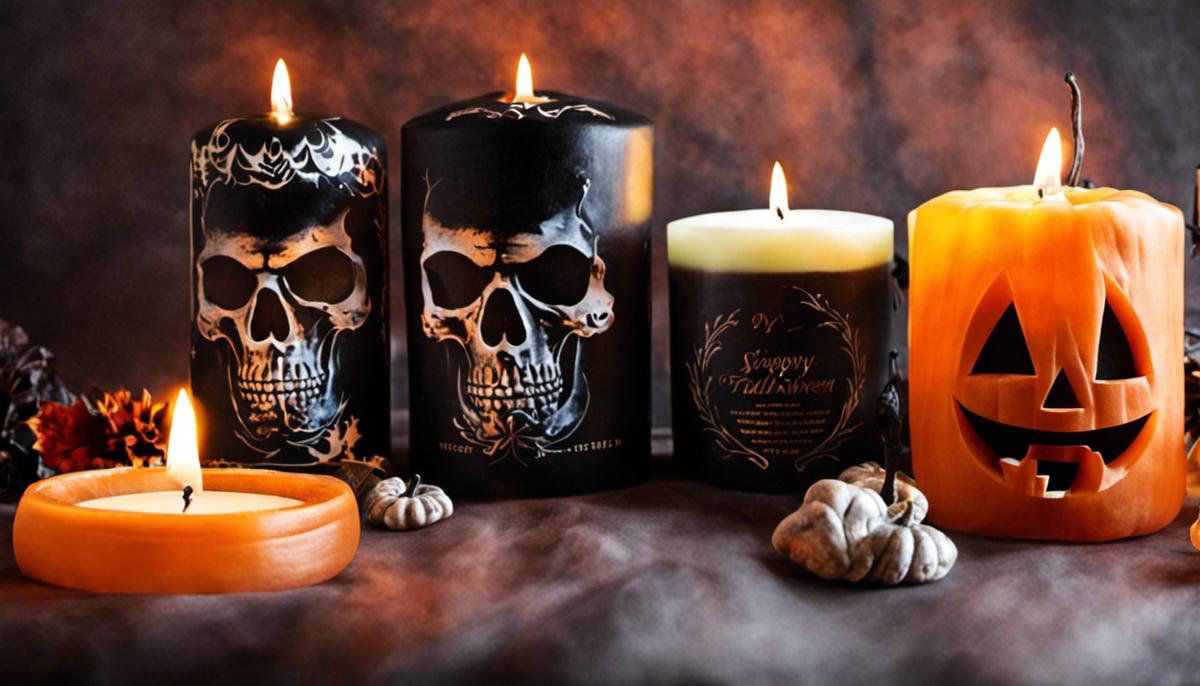 A variety of Halloween candles, including Jack O'Lanterns, skull candles, and bleeding candles, creating a spooky atmosphere.