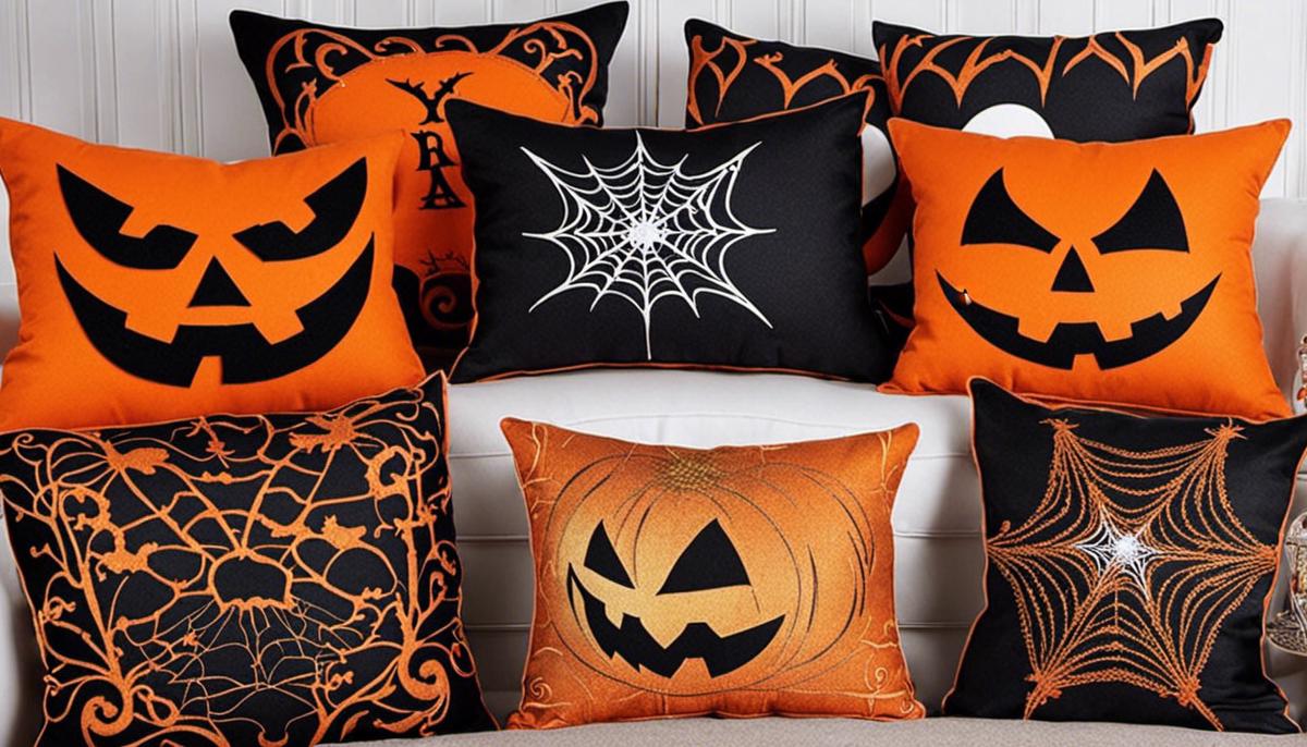 A variety of Halloween pillows featuring different designs and colors.