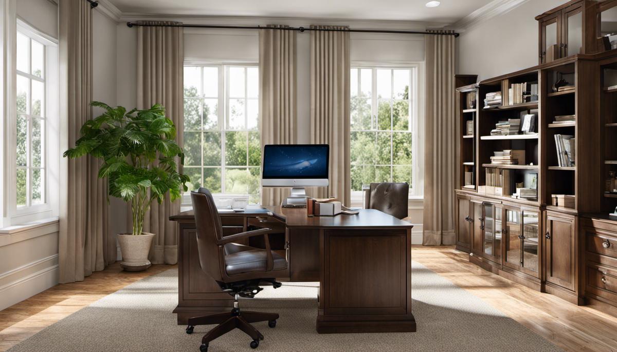 A well-organized and comfortable home office with a desk, chair, computer, and natural lighting