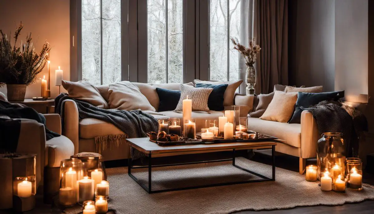 Cozy living room with candles and blankets, representing the concept of 'Hygge' at home.