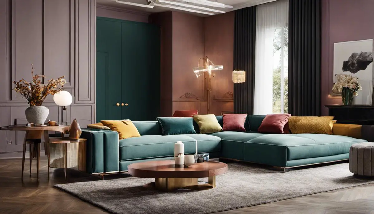 Image of a living room with various colors and furniture, showcasing the trends discussed in the text.