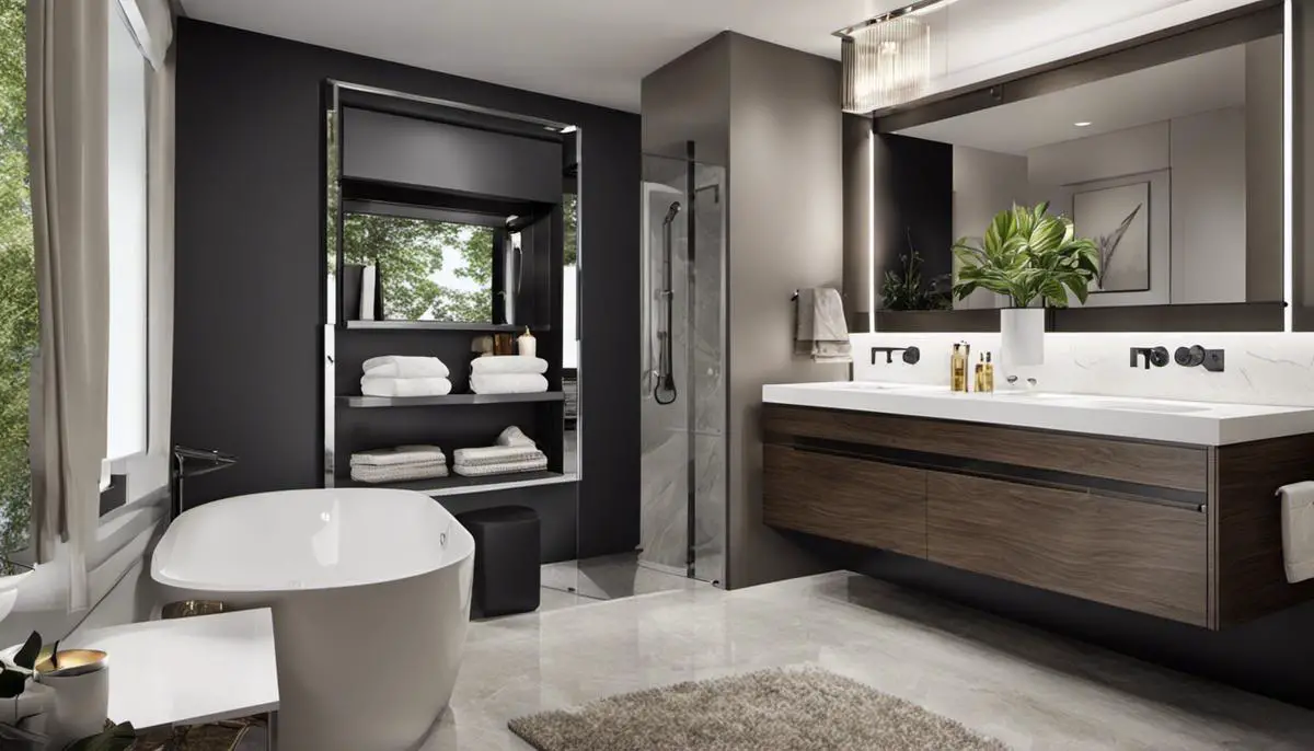 Illustration of a sleek and modern floating vanity in a small bathroom