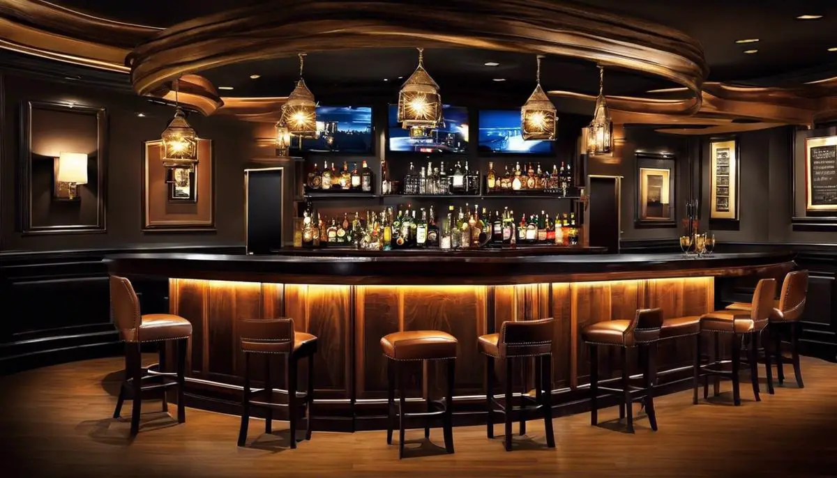 Image depicting various bar wall decor items and how they can enhance the atmosphere of a bar.
