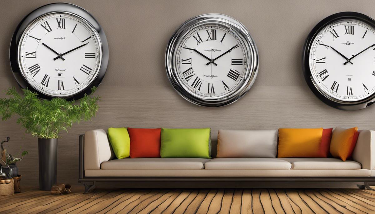 Image of wall clocks of various styles and colors, displayed in a home setting.