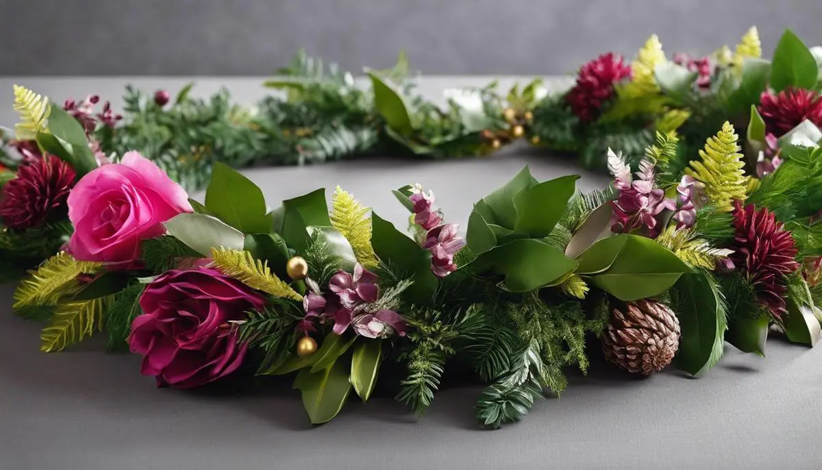 Image of materials for fresh foliage garlands, including various types of fresh foliage, floral garlands, fabric garlands, and garlands with lights.
