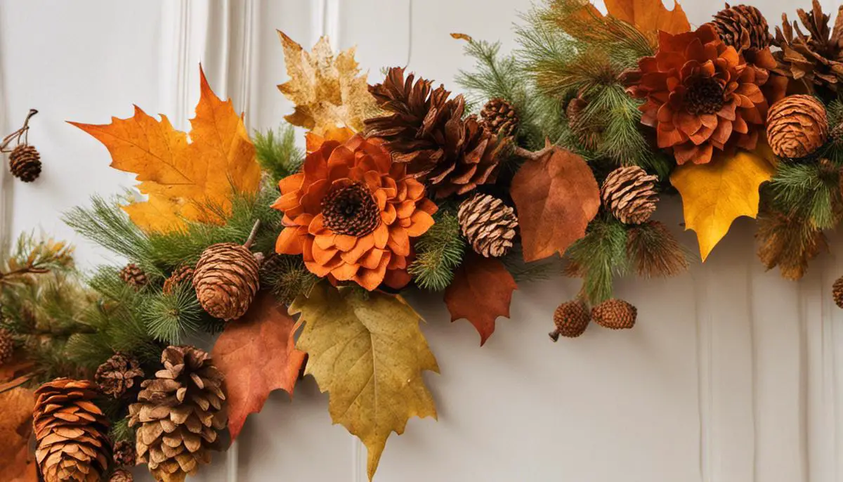 An image of various materials, such as dried leaves, pine cones, and flowers, that are used to make an autumn garland.