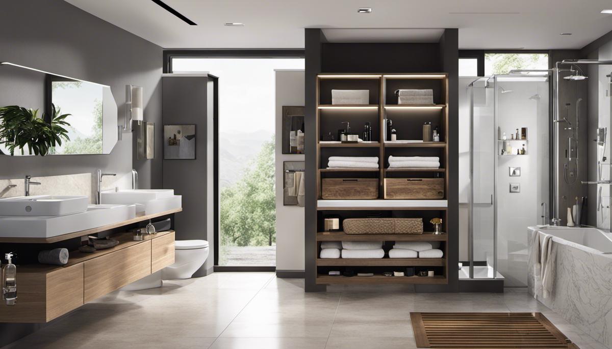 Illustration of a modern, efficiently organized bathroom with smart storage solutions and multi-purpose fixtures.