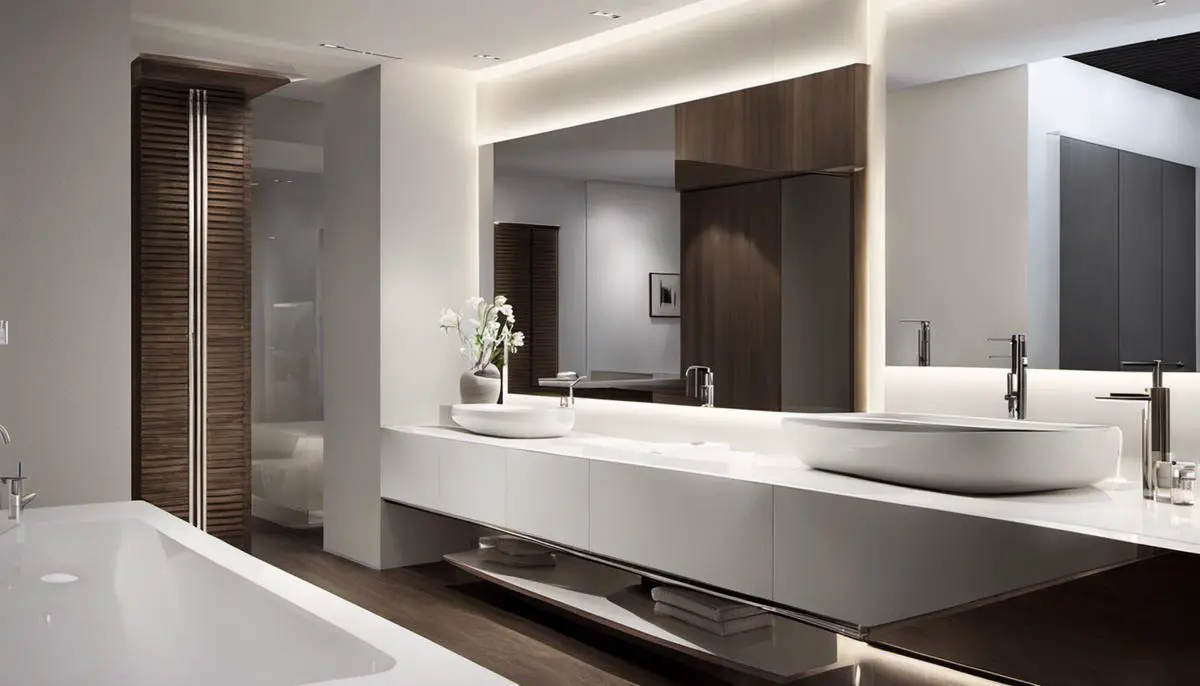 Image depicting a minimalist bathroom with clean lines, white tones, and a sense of serenity.