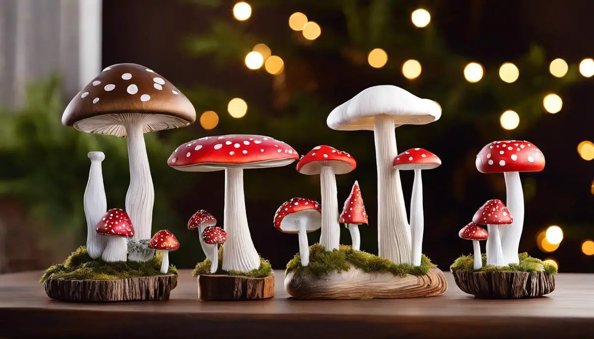 Mushroom ornaments displayed on a wooden table, showcasing their whimsical design and variety of materials.