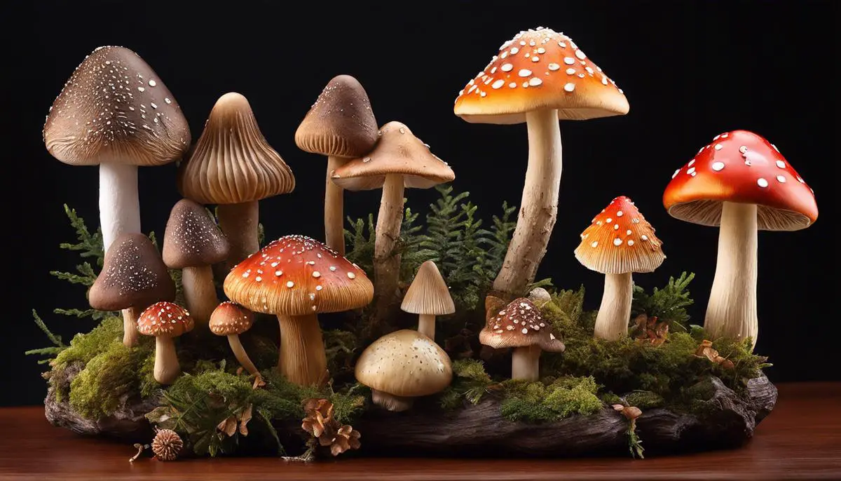 Various mushroom ornaments displayed on a table.