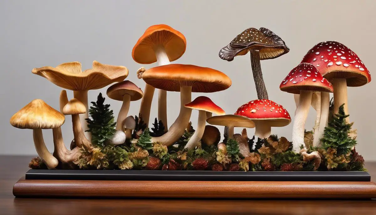 Various mushroom ornaments displayed on a wooden shelf, showcasing their different shapes, colors, and materials.