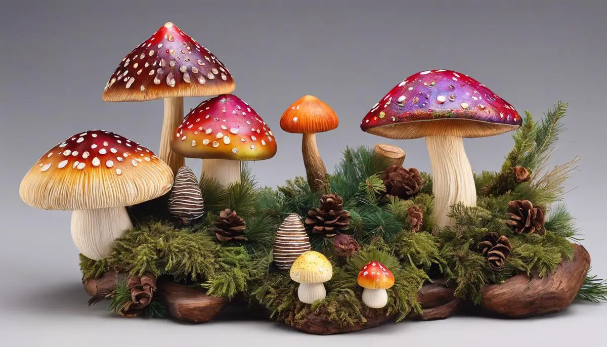 Mushroom ornaments with various designs and colors, showcasing the creativity and craftsmanship of the artist.