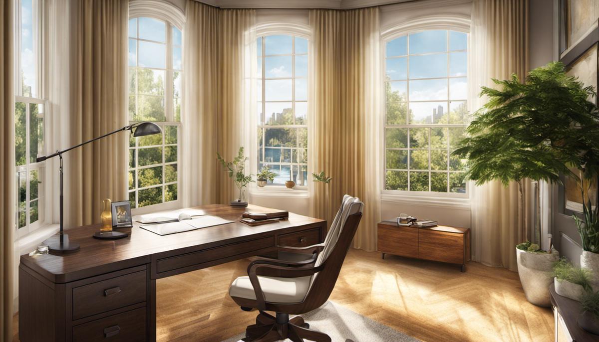 Illustration of a sunny room with a desk positioned near windows, utilizing reflective surfaces, and adjustable window treatments to optimize exposure to natural light