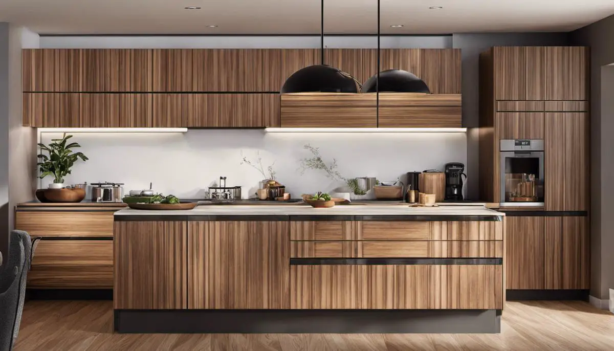 Illustration of kitchen cabinets made of natural materials, showcasing the warmth and organic feel they bring to a kitchen atmosphere.