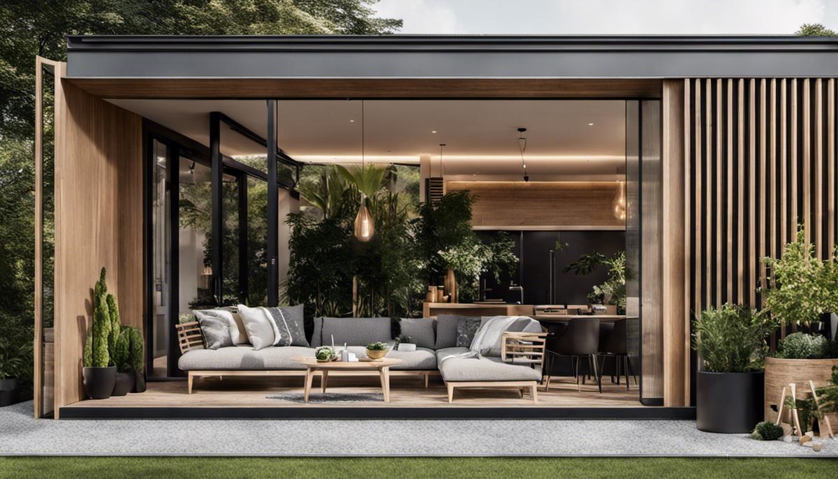 An image of a beautifully designed outdoor space embracing the Nordic aesthetic, with clean lines, functional furniture, and a mix of natural materials and plants.