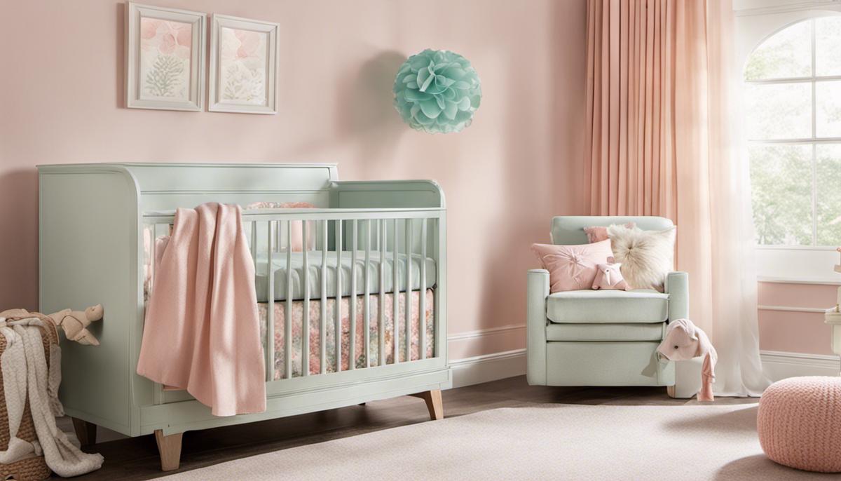 Image of a nursery room color scheme with pale pastels and bold colors creating a calming and stimulating environment.