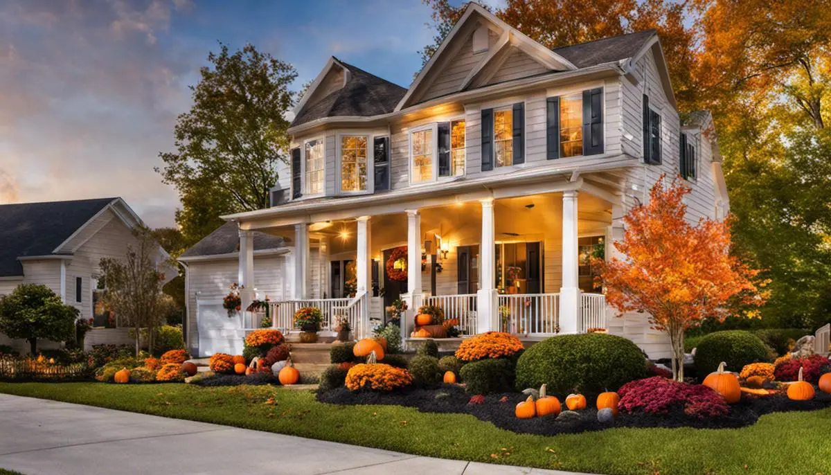 An image of beautifully decorated outdoor spaces with fall-themed decor.