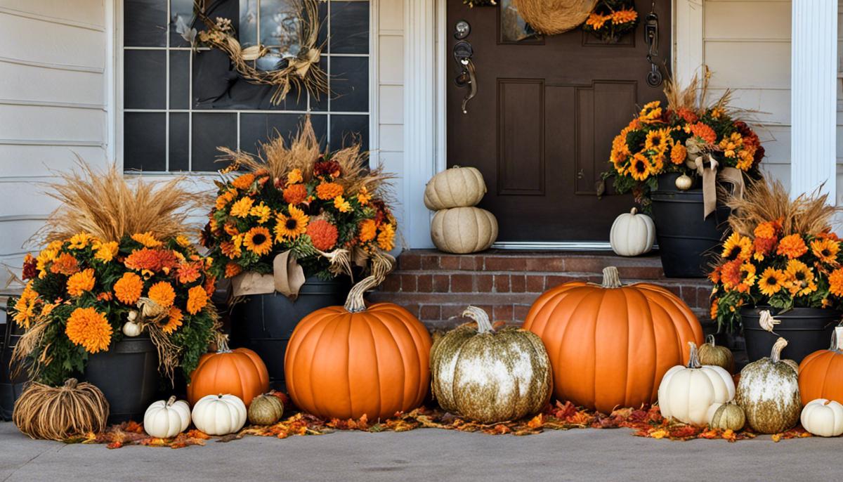Image of various outdoor fall decor items, including pumpkins, corn stalks, and hay bales