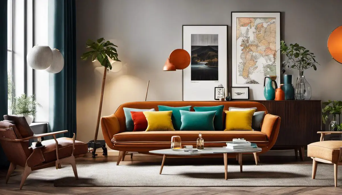 A visually appealing Retro-Scandinavian living room decorated with vintage furniture, wall art, and bold colors, creating a harmonious blend of retro and Scandinavian design.
