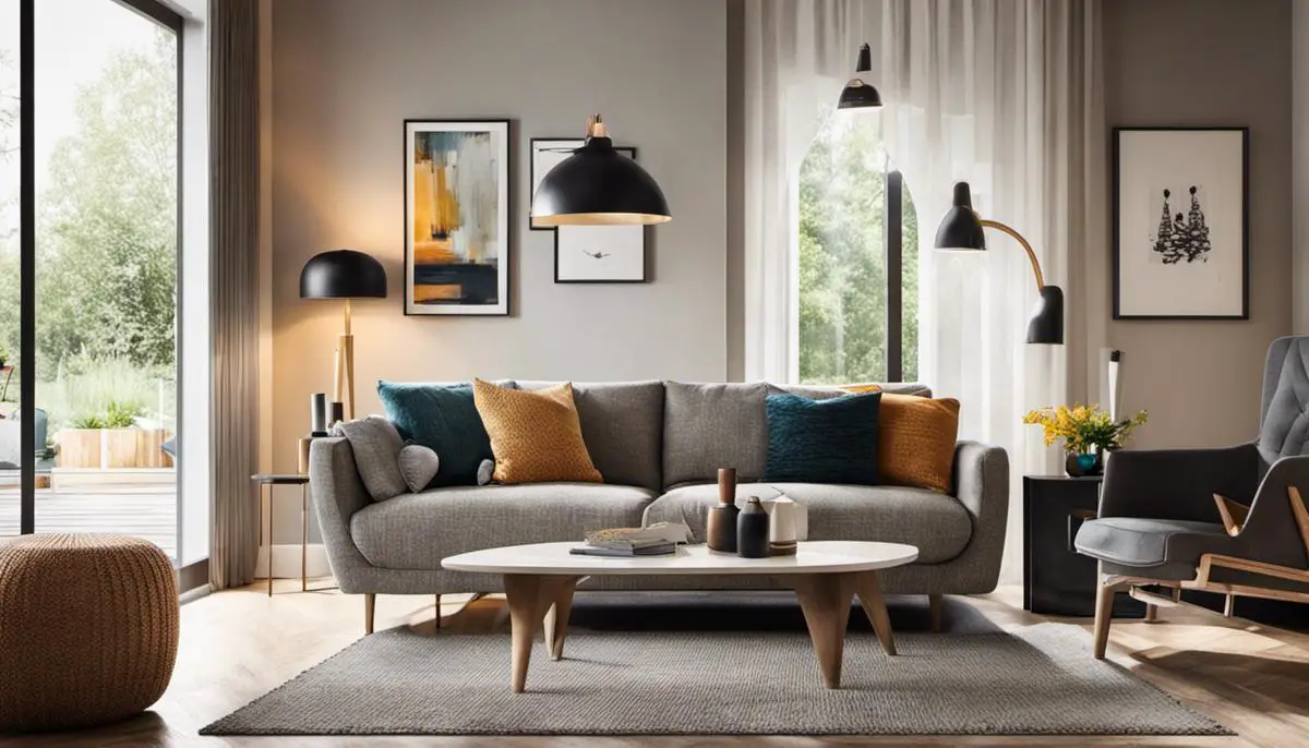 An image showing a living room with retro and Scandinavian design elements, demonstrating the combination of dynamic colors and serene simplicity.