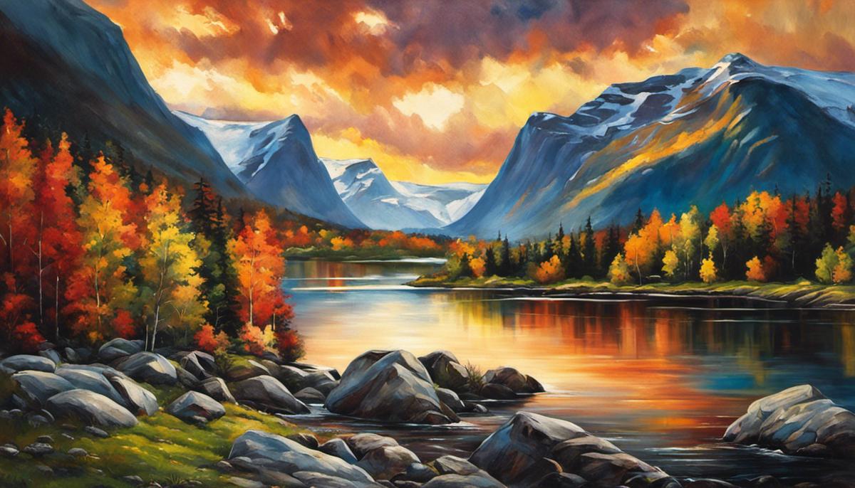 A painting of a scenic Norwegian landscape with vibrant colors and dramatic skies