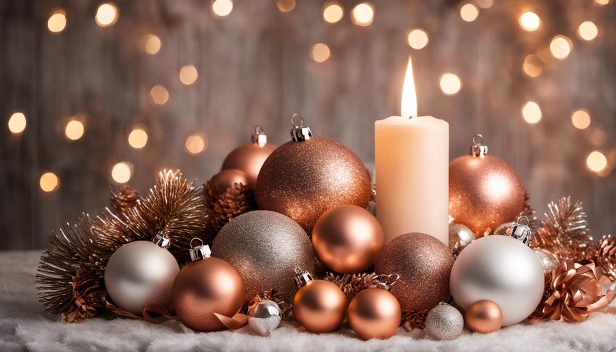 Image of rose gold Christmas decorations showcasing the shimmering ornaments, wreath, linens, and candle holders for an elegant and festive touch to holiday decor.