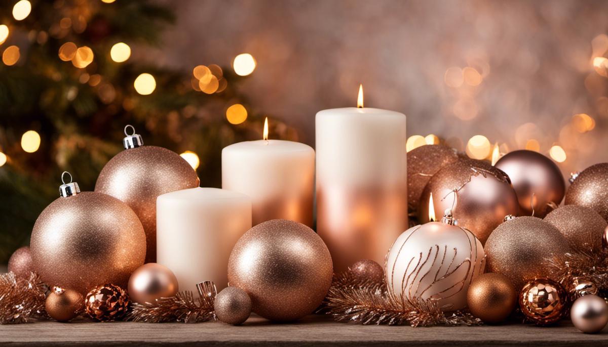 A festive display of rose gold Christmas decorations, including ornaments, garlands, and candles, creating an elegant and warm atmosphere.