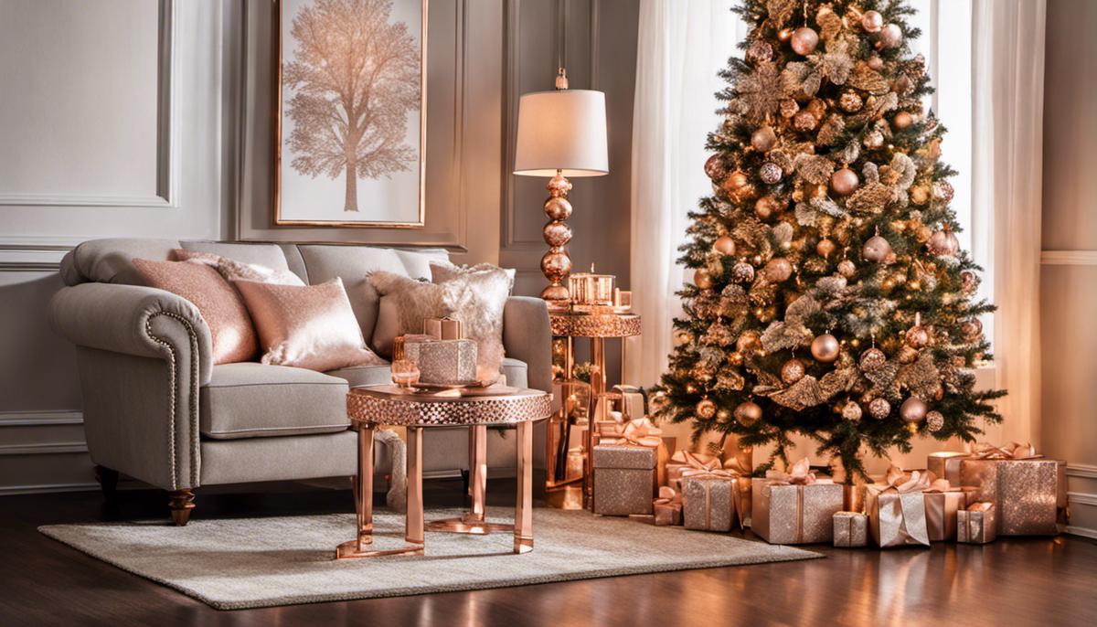 Image of rose gold Christmas decorations, including ornaments, tree skirts, lights, wreaths, and their placement around the home.