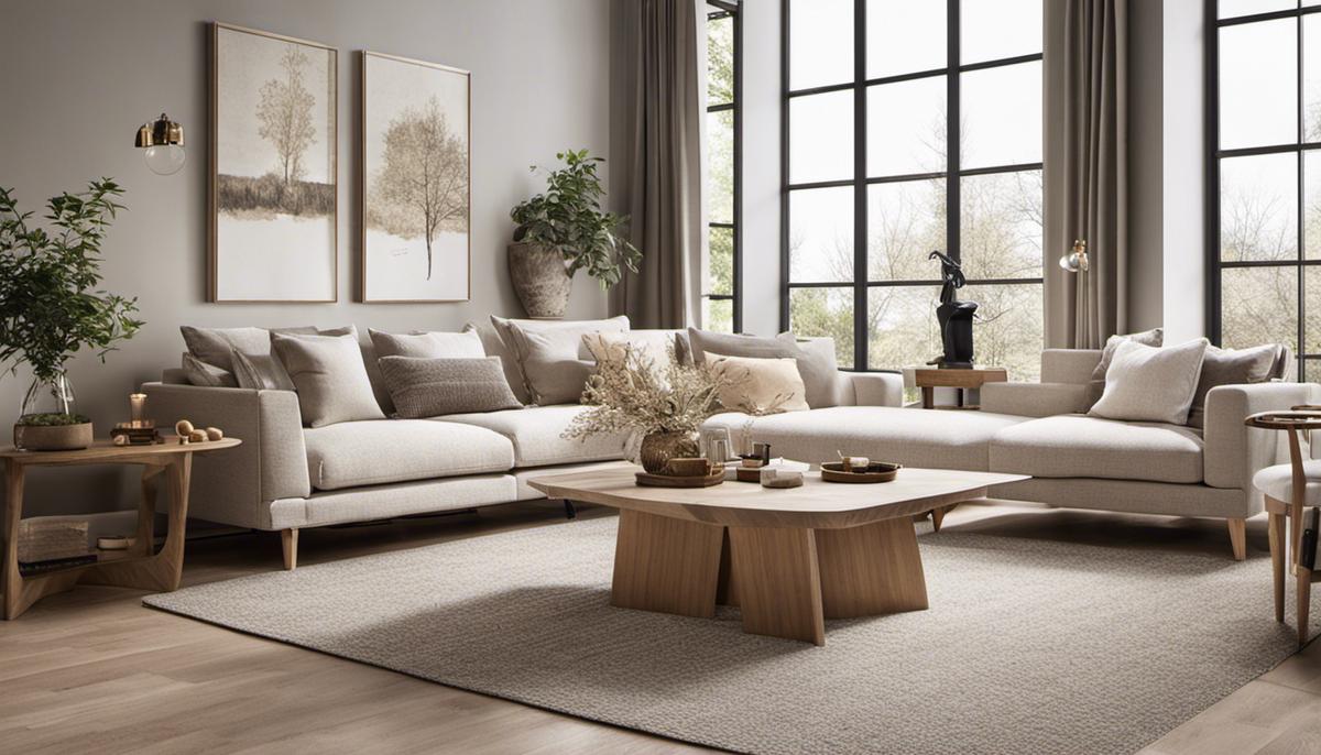 A cozy living room with Scandinavian design elements, featuring light-colored furniture, neutral color palette, and natural materials.