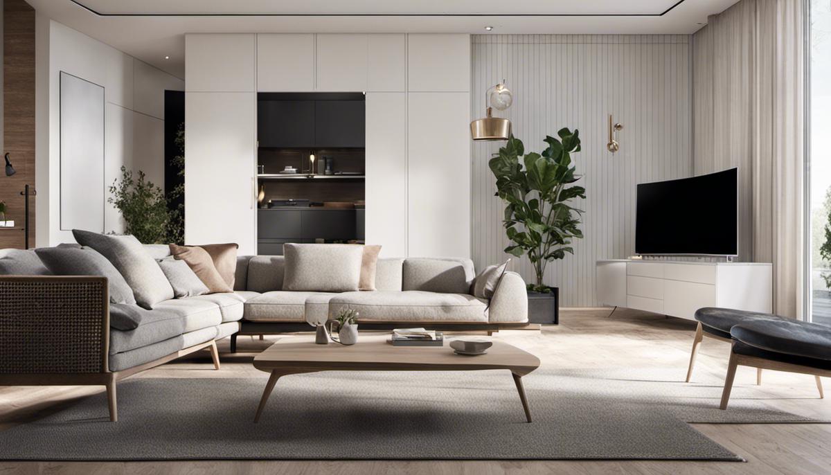 A beautifully designed Scandinavian-styled living room with minimalist decor, clean lines, and natural elements, exuding elegance and serenity.
