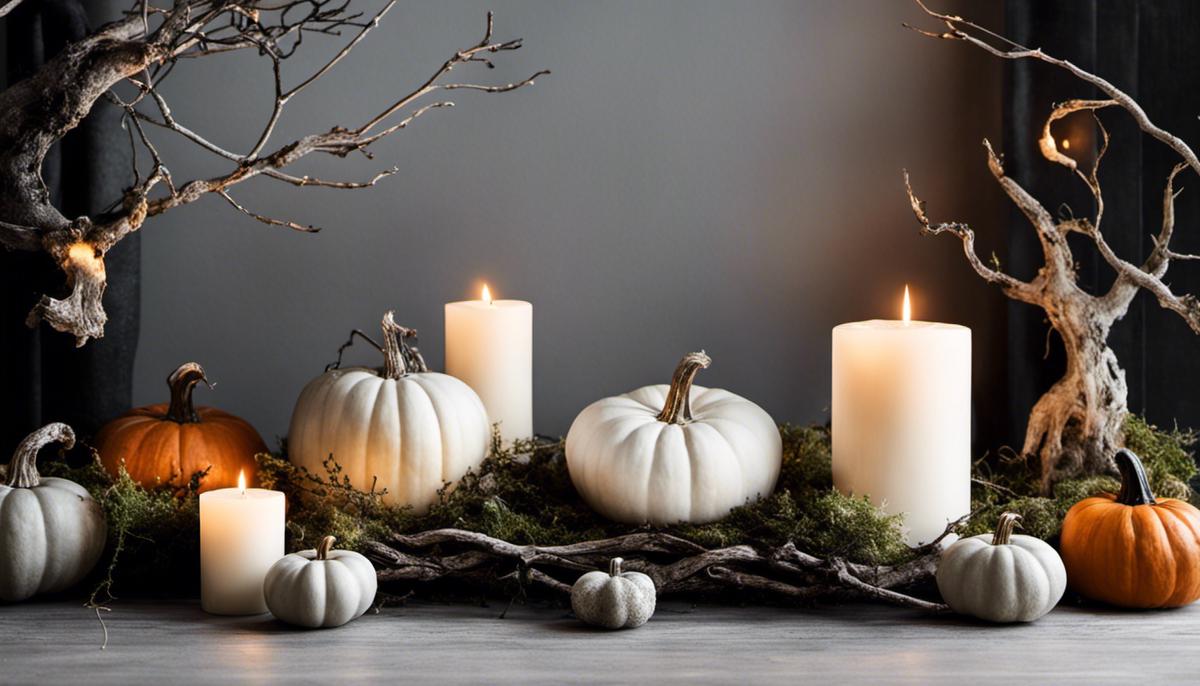 Scandi-style Halloween Decorations - A minimalistic display of neutral-toned pumpkins, candles, and a haunted scene with moss and branches, all against a black and white backdrop.