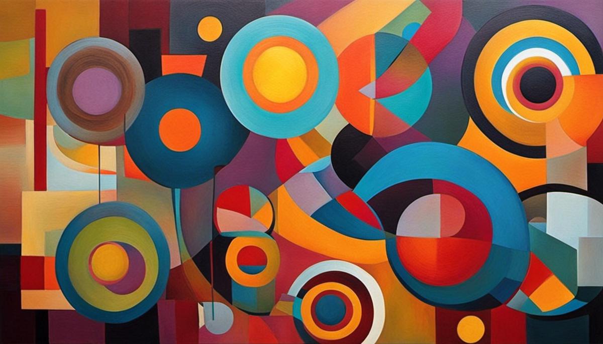 An abstract painting composed of vibrant colors and geometric shapes, representing the contemporary Scandinavian art scene