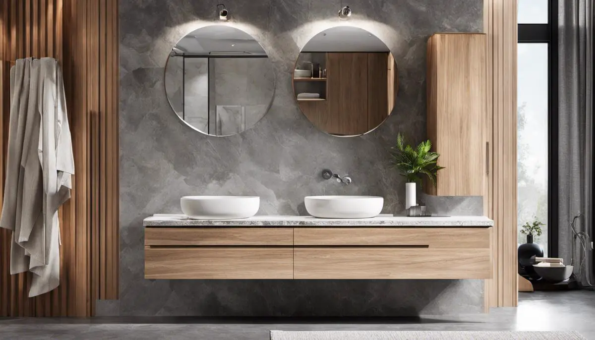 A modern Scandinavian bathroom featuring walk-in showers, wall-hung toilets, floating vanities, and natural stone and wood materials.