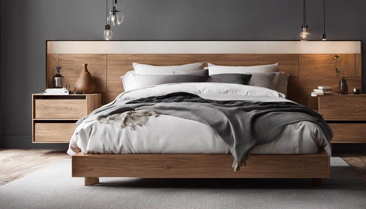 A cozy Scandinavian bed with clean lines, natural materials, and a minimalist design.