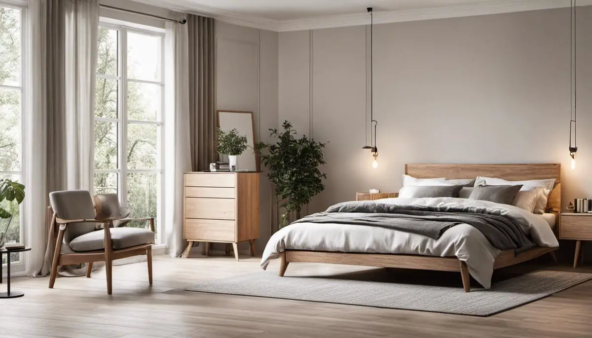 A cozy and minimalistic Scandinavian bedroom with neutral colors, wooden furniture, and natural light illuminating the space.