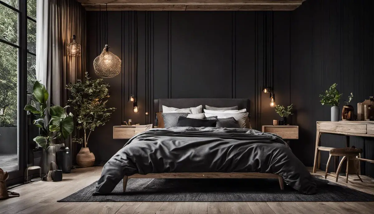 A cozy Scandinavian bedroom with dark-themed decor and natural elements, creating a warm and inviting atmosphere.