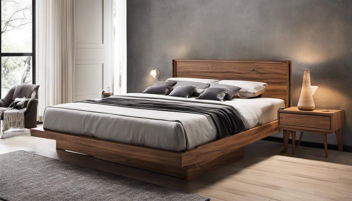 A visually appealing Scandinavian bed with a wooden frame and a minimalist design.