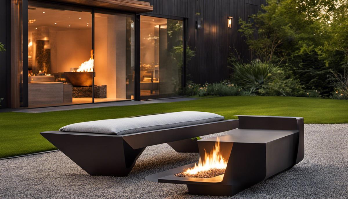 An image of a sleek Scandinavian bench paired with a cozy fire pit in an outdoor setting, creating a warm and inviting space.