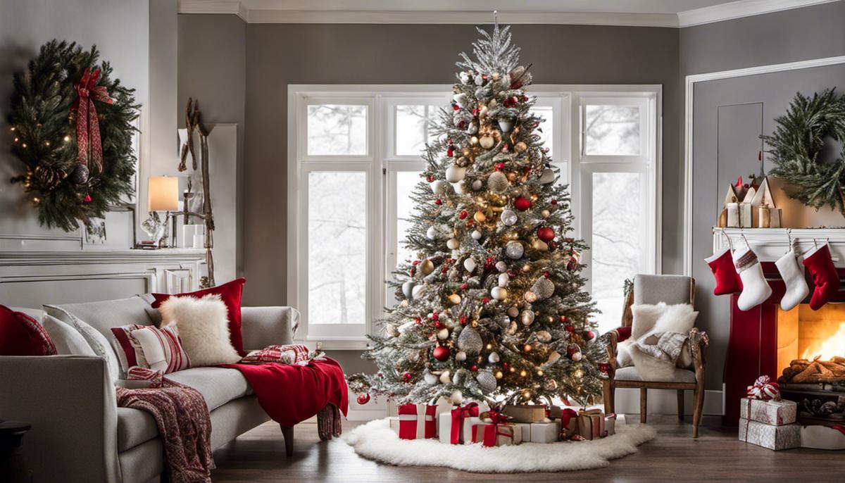 A beautifully decorated Scandinavian Christmas tree with white, red, and silver ornaments surrounded by natural elements such as pinecones, twigs, and dried fruit.