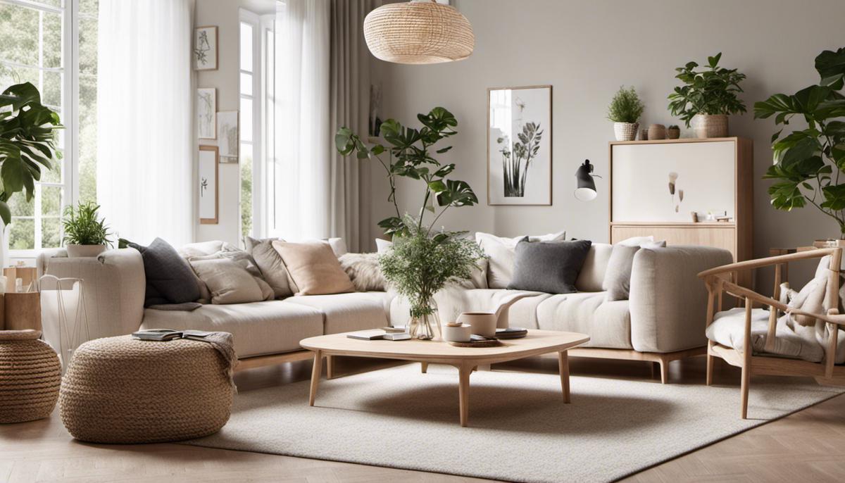 A cozy Scandinavian living room with light-colored wood furniture, neutral color palette, indoor plants, and multiple sources of light.