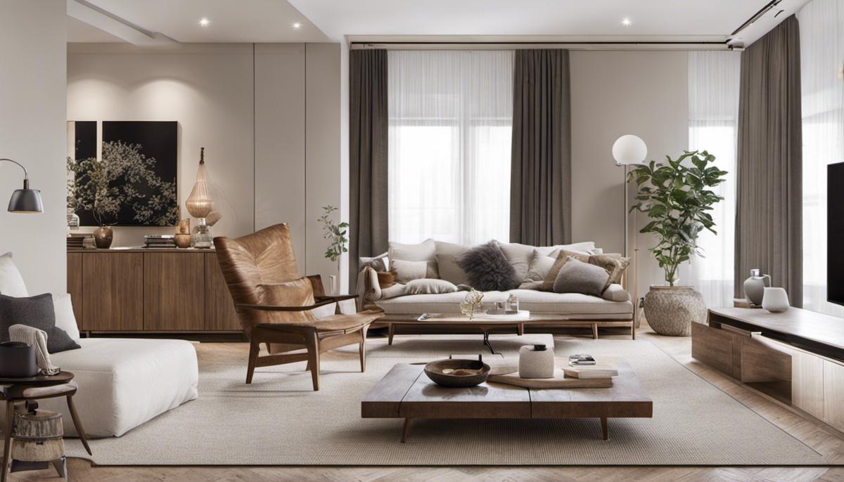 A cozy living room with Scandinavian design featuring neutral colors, natural materials, and minimalist decor items.