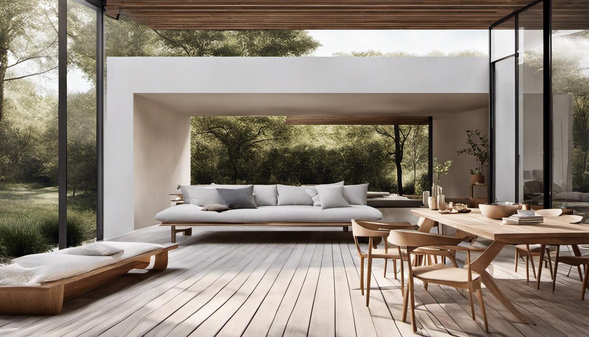 An image featuring a Scandinavian-inspired outdoor space with minimal furniture, natural materials, light colors, and simple accessories. The image exudes a sense of tranquility and simplicity.