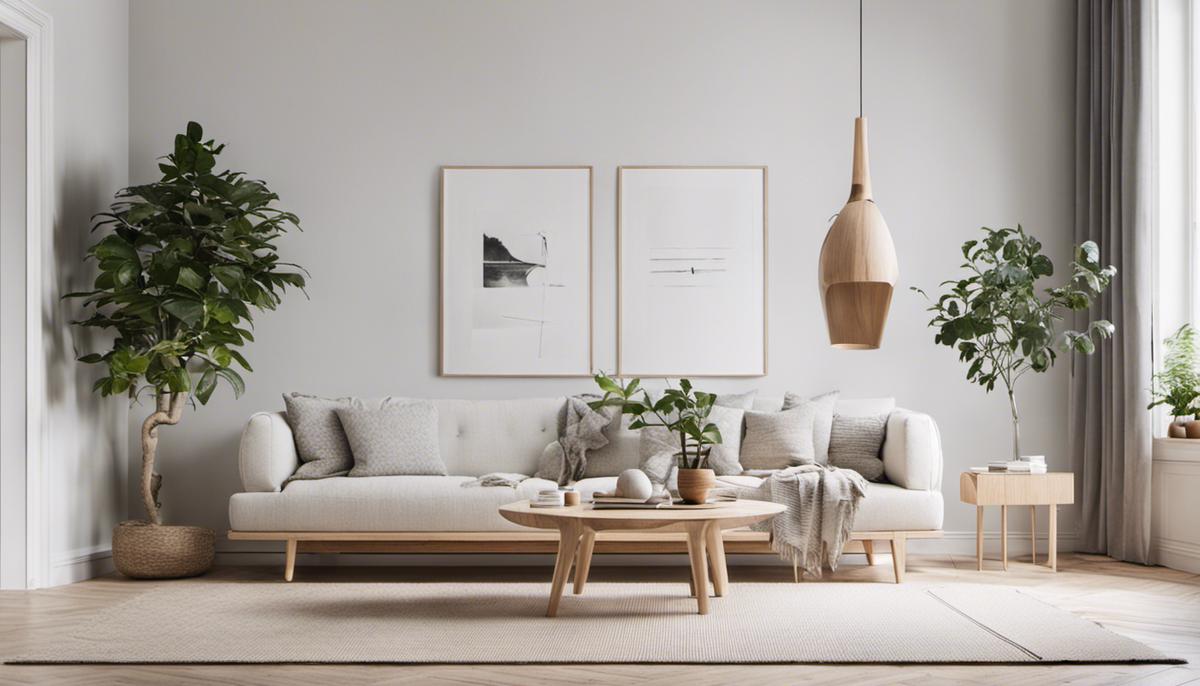 Minimalist Scandinavian interior with white background, light-wood furniture, and natural textures such as wool and plants.