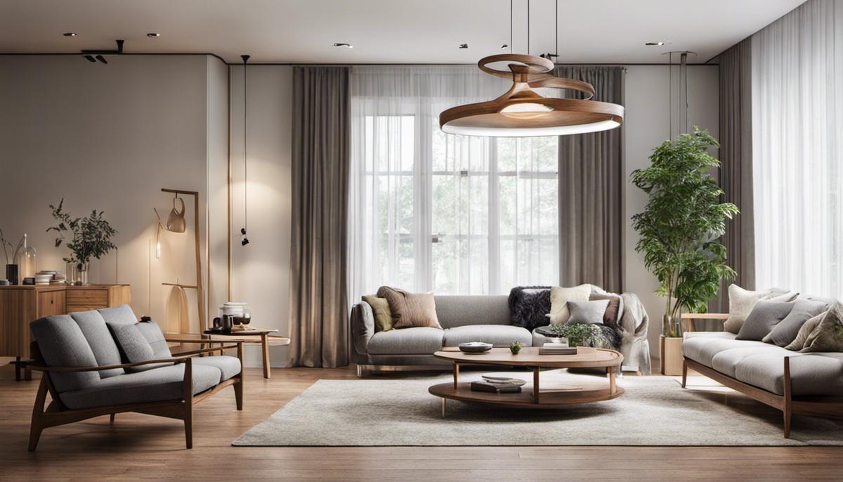 A well-lit Scandinavian living room with light curtains, wooden furniture, and strategically placed light fixtures, creating a warm and welcoming atmosphere.