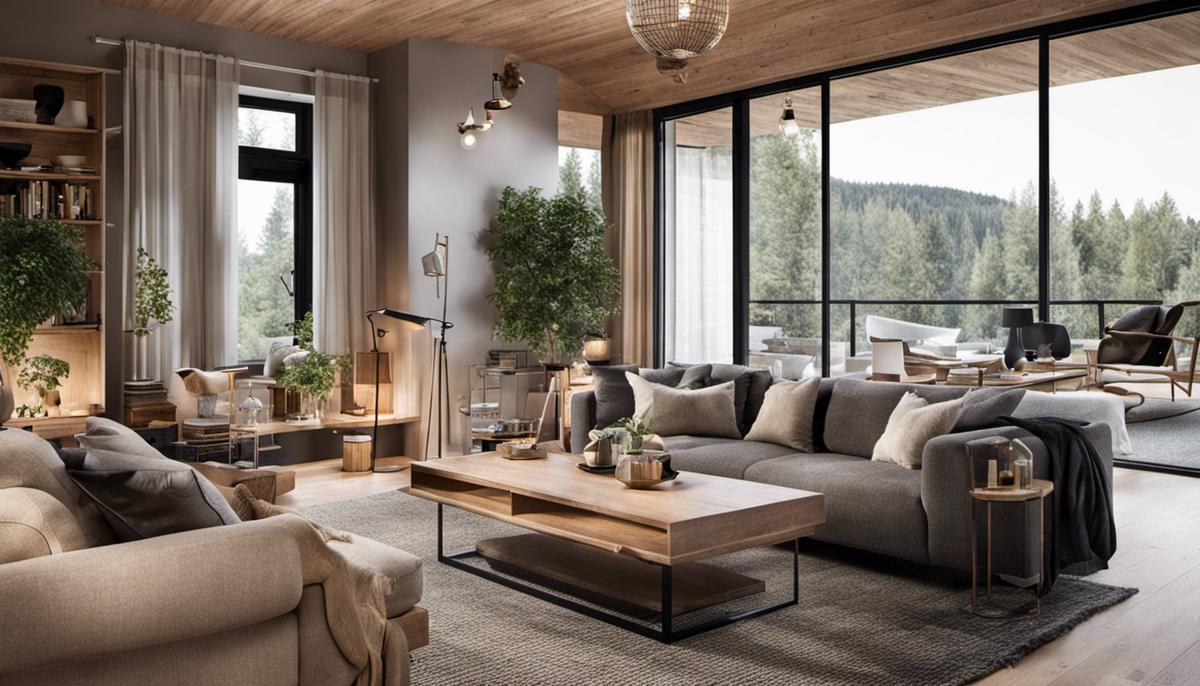 A cozy Scandinavian living room with modern furniture and natural elements.