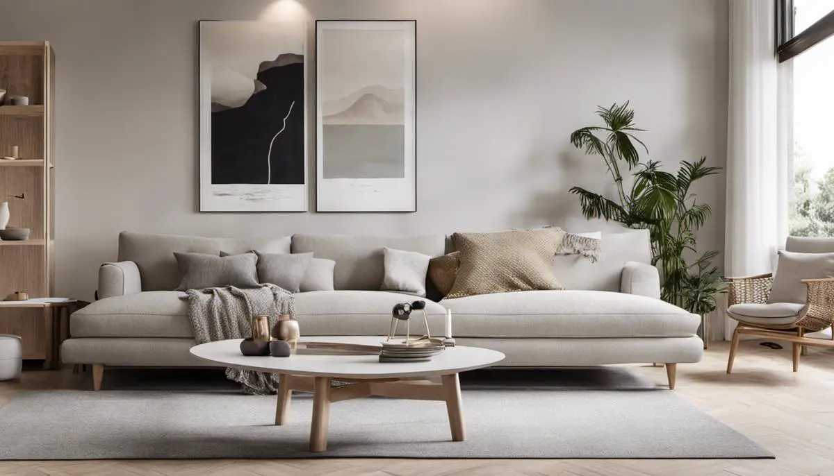 A serene and minimalist Scandinavian living room with light color palette, natural materials, and simple furnishings.
