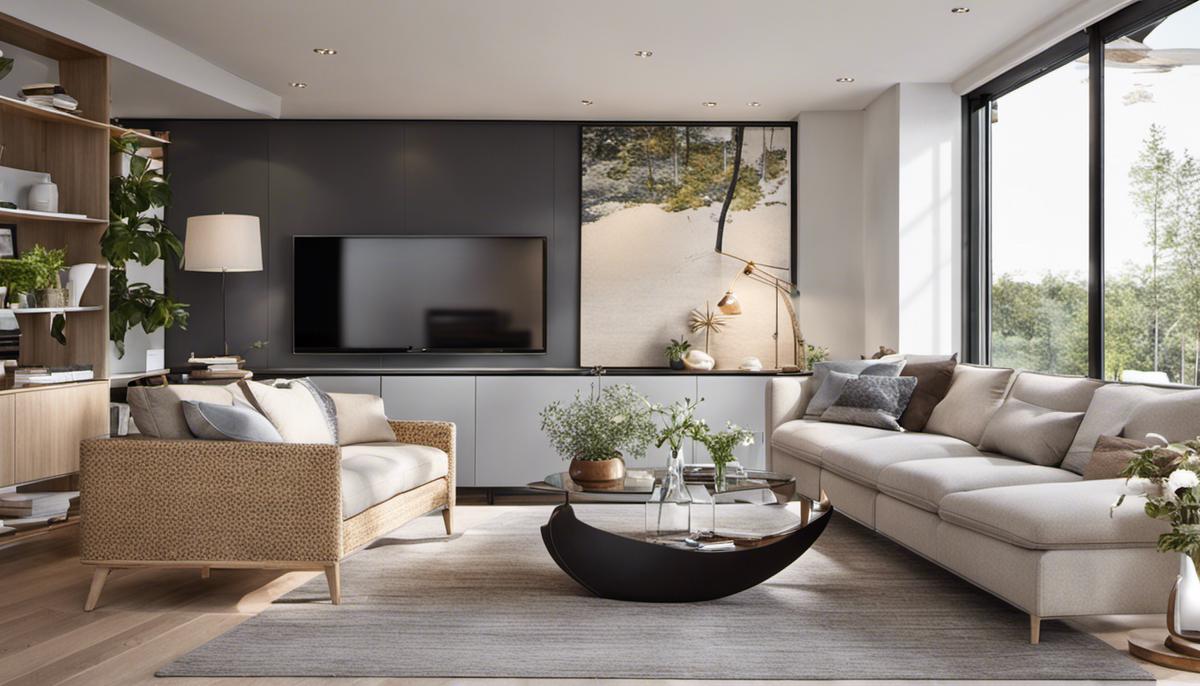 A serene living room with Scandinavian design elements, featuring clean lines, neutral colors, natural materials, and abundant natural light.
