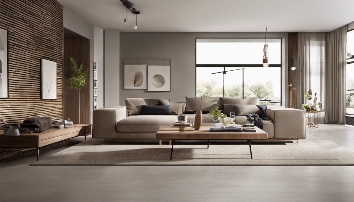 A living room showcasing Scandinavian design principles, with minimalistic furniture, neutral color palette, natural lighting, and organic textures.