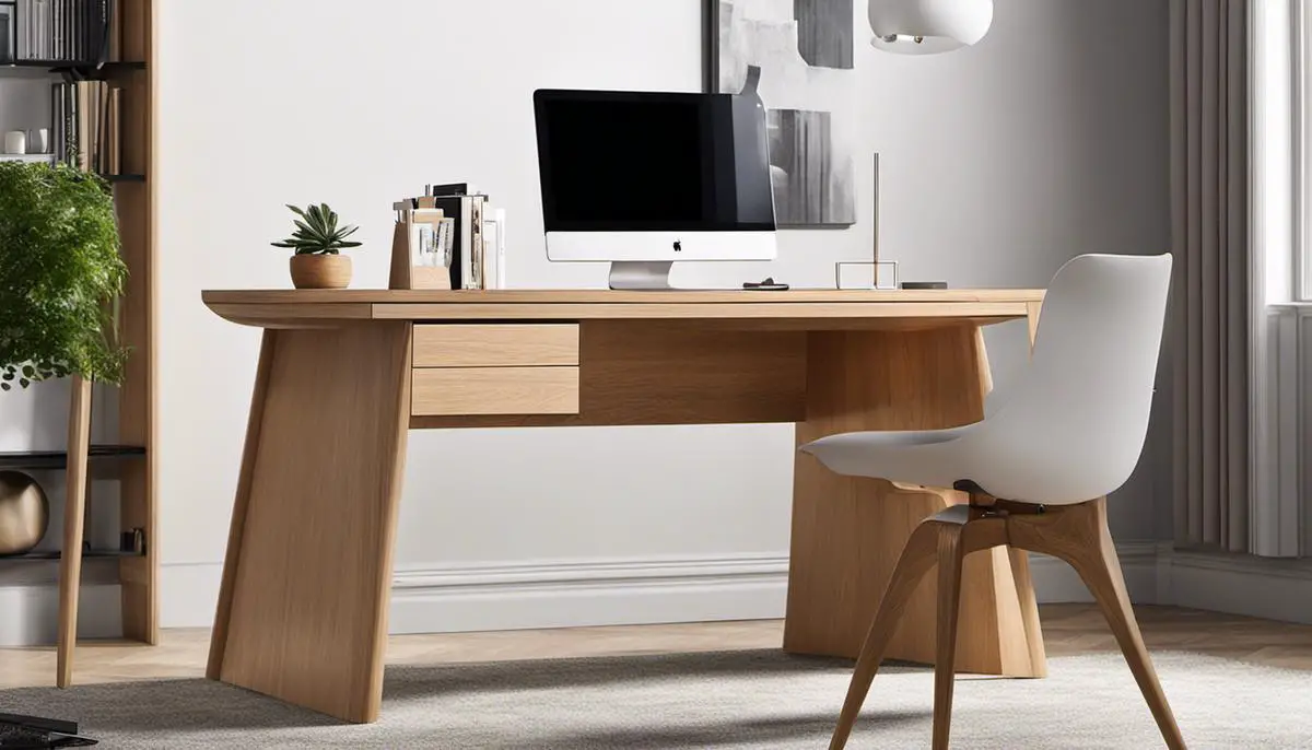 A stylish Scandinavian desk with a minimalist design, light wood construction, and integrated storage options.
