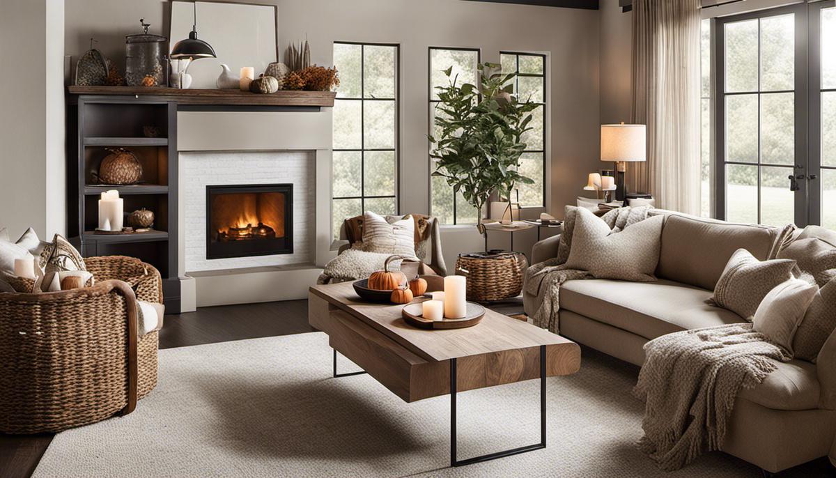 An image showing a cozy living room decorated with Scandinavian-inspired fall decor, featuring neutral tones, natural elements, and layered textures.